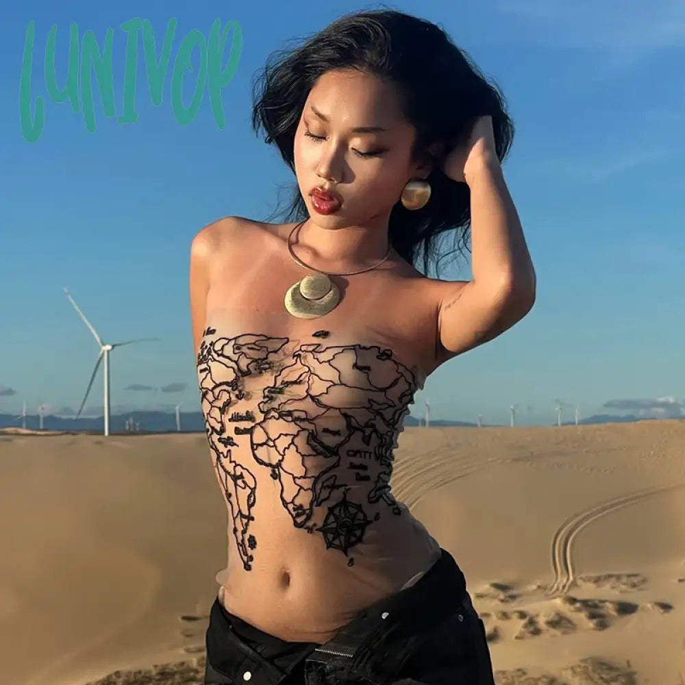 Lunivop Desert Wasteland Style Skin Color Mesh Print Thin Sheer Strapless Hot Girl Skinny Backless Crop Top Streetwear Print Jacquard Patchwork