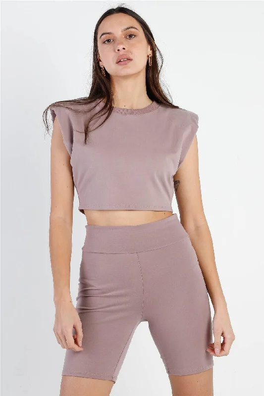 Dark Mauve Padded Shoulder Crop Top & Biker Short Set Denim Fabric Leather Fabric Suede Fabric