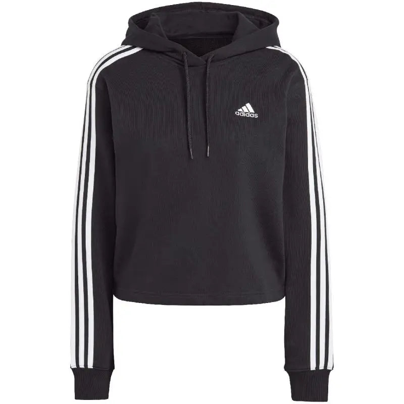 Adidas Women's Essentials 3-Stripes French Terry Crop Hoodie in Black - Comfortable Cotton Fabric Hoodie with Strings Custom Fit Adjustable