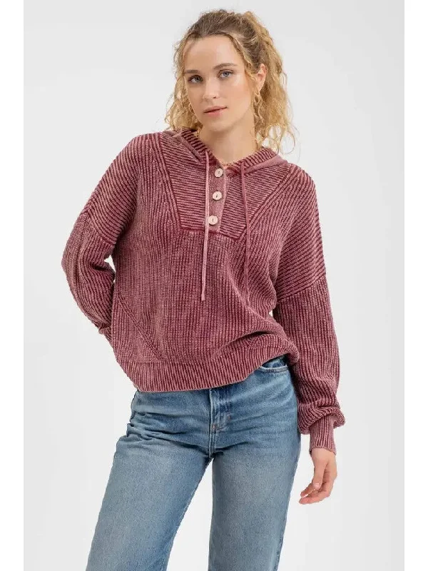 Surprise Me Burgundy Hooded Henley Knit Sweater (Size Small) Glossy Satin Silk