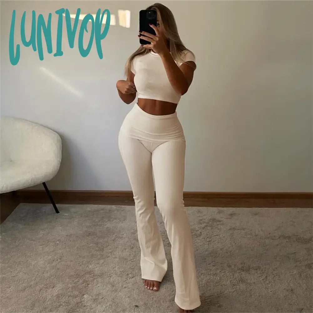 Lunivop Ribbed Two Piece Set Short Sleeve Crop Top And Flare Pants Sets Casual Spring Summer Y2K Clothes For Women Striped Floral Plaid