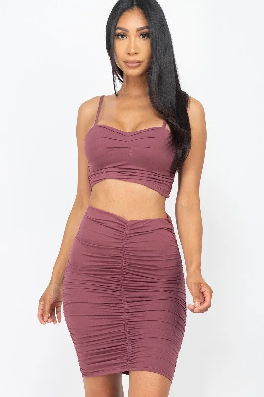 Ruched Crop Top And Skirt Sets Terry Blend Velvet Blend Canvas Blend