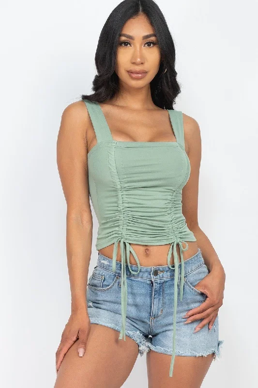 Adjustable Front Ruched With String Square Neck Crop Tops Zippered Front Buttoned Front Snap Front