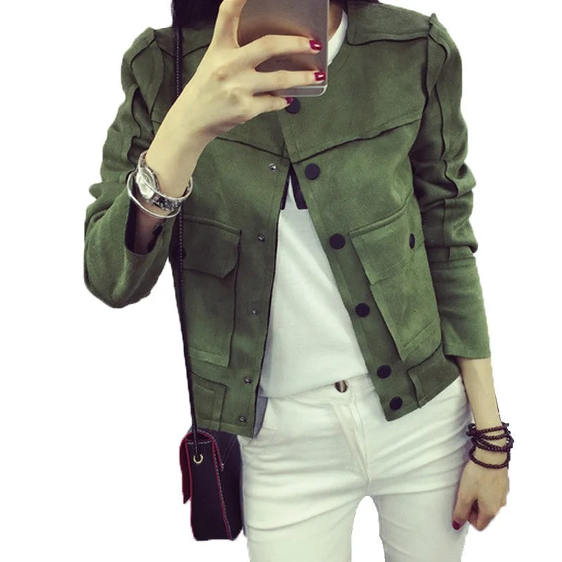 Retro Military Green Jacket Fashion Casual Suede Outerwear Coats Women Tops Notch Collar Peter Pan Collar Cowl Neck