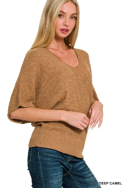 Amazing Days Deep Camel V-Neck Sweater Top Cotton Fabric Linen Fabric Terry Fabric