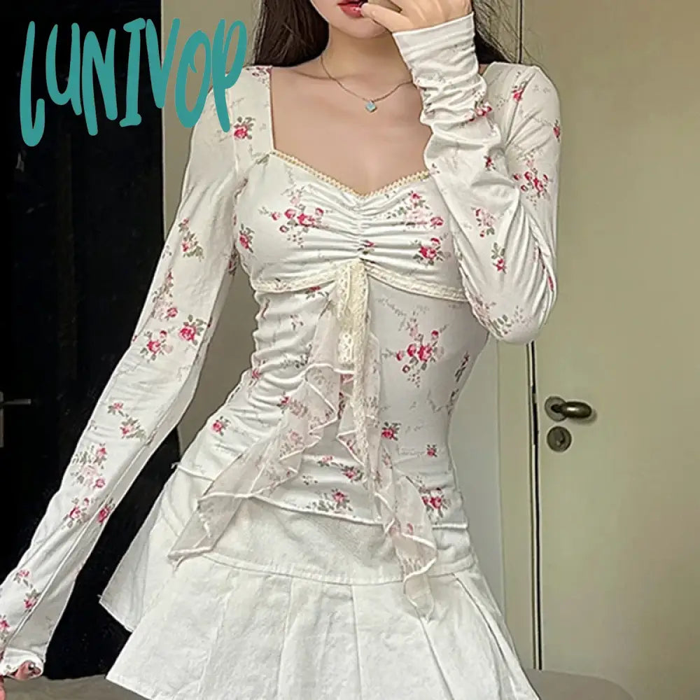 Lunivop Elegant Floral Printed Crop Top Square-Neck Lace-Trim Long Sleeve Ruffled Pleated Top Vintage Women Slim-Fit Homecoming Outfits Hooded Caped Shawl Collar