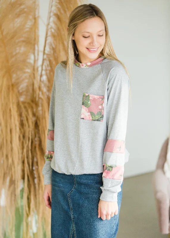 Gray Floral Color Block Sweatshirt - FINAL SALE Hoodie with Reflective Safety Nightwear