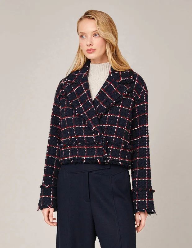 MARYLING PLAID TWEED FRINGE CUFF CROP JACKET Denim Fabric Leather Fabric Suede Fabric