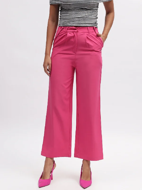 Elle Women Fuchsia Solid Straight Fit Trouser Trousers Brand Named