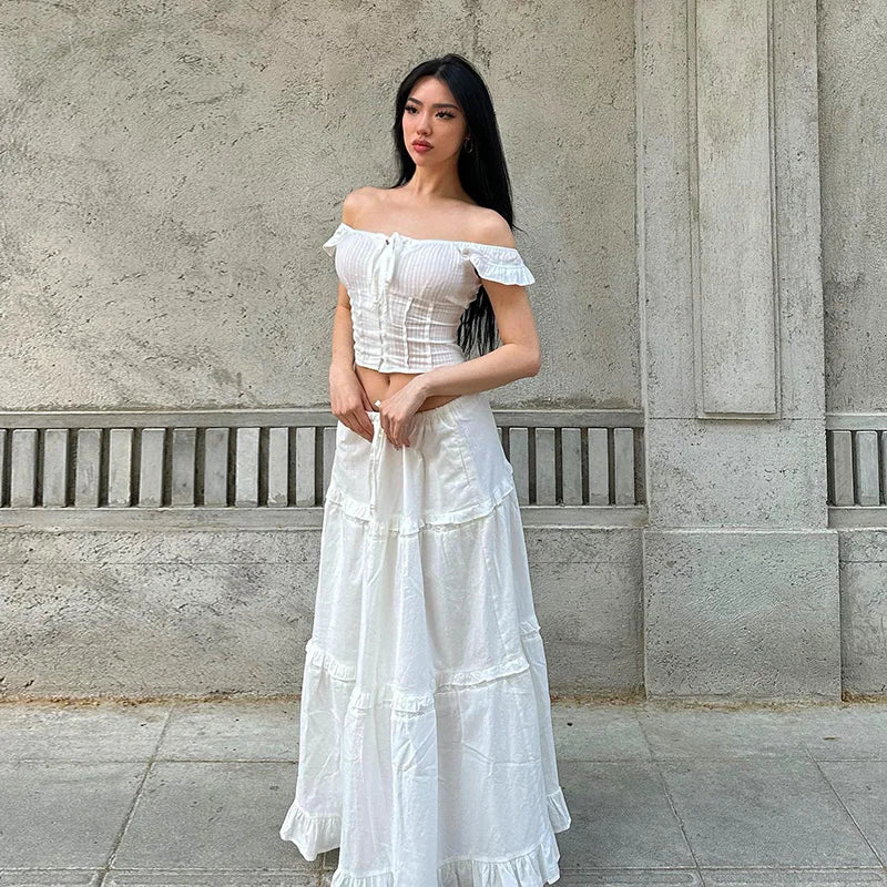 Lunivop Y2K Off The Shoulder Ruched Crop Top Long Skirt Women'S Sets Summer Casual Elegant Ladies 2024 Korean Popular Clothes Fleece Nylon Spandex