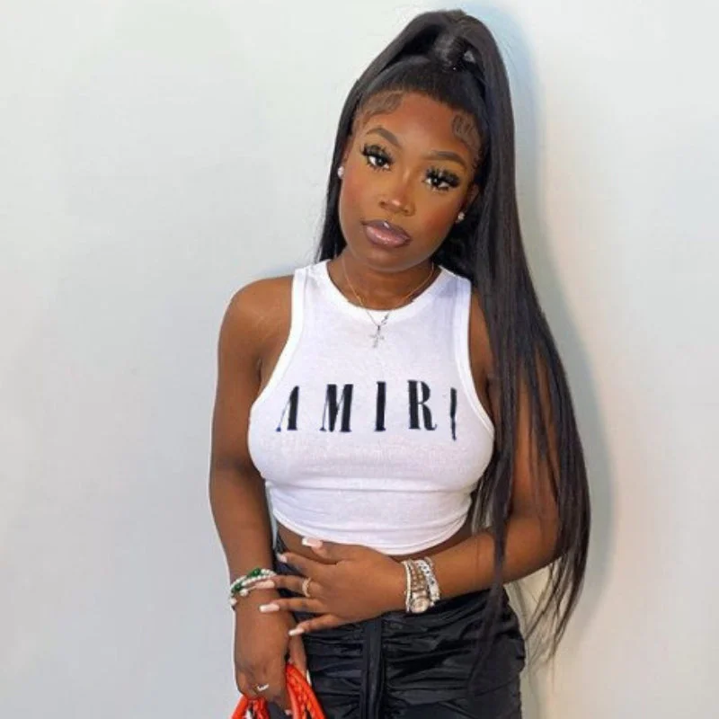 Letter Printed Short Vest Exposed Crop Top（CL11702） Iron Safe Non-Iron Wrinkle Free