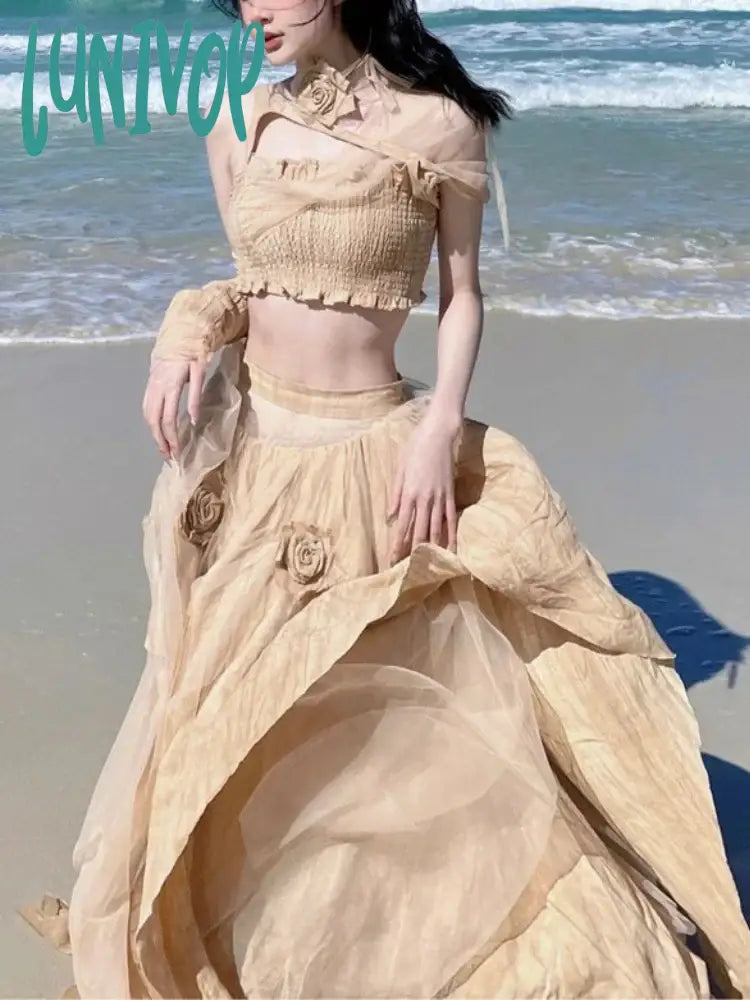 Lunivop Chiffon Beach Party Two Piece Set Women Flower France Vintage Midi Skirt Suit Female Oversleeve Crop Tops + Elegant Skirt Notch Collar Peter Pan Collar Cowl Neck