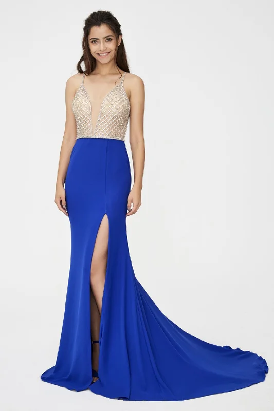 Angela & Alison - Bedazzled Plunging Neck High Slit Dress 81060SC