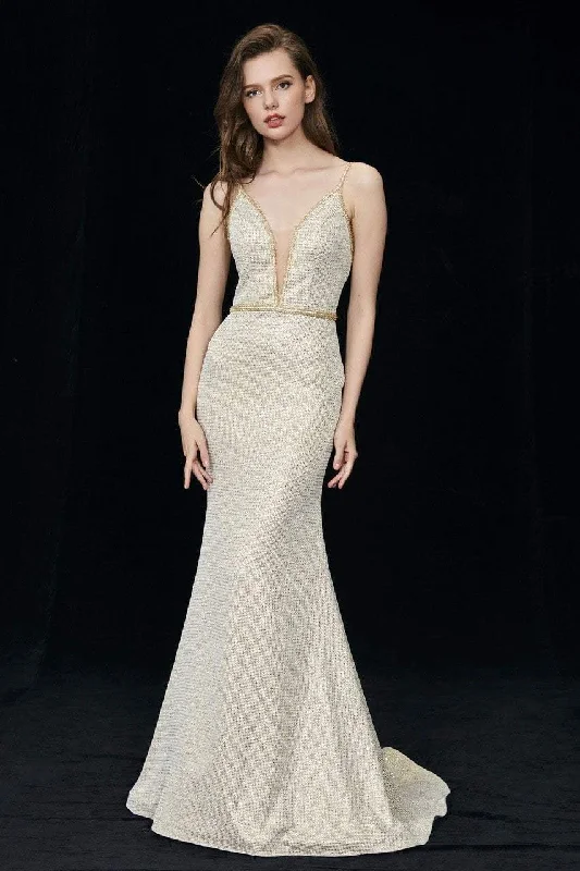 Angela & Alison - Plunging Neck Adorned Sweep Train Dress 81086SC