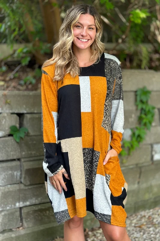 Color Block Casual Dress - Mustard