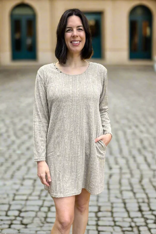 Hand Stitch Detail Ribbed Dress - Beige