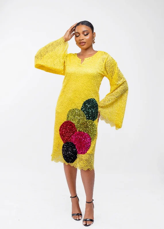 Jolie shift lace dress with circle multicolored sequin and slip (yellow)