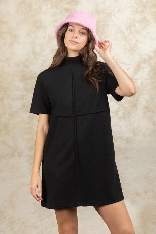 Mock Neck Front Seam Dress Black