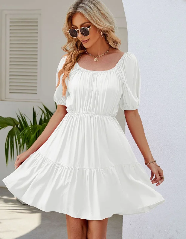 Solid-color Square Neck Puff Sleeve Short A-Line Dresses