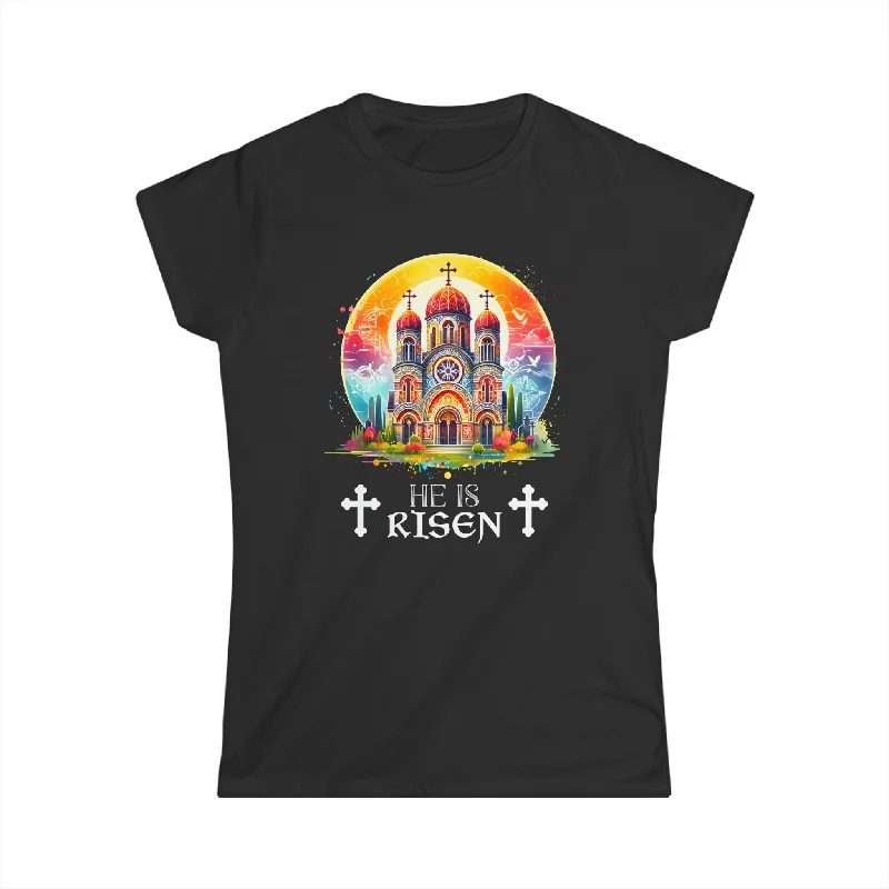 Christ is Risen Greek Russian Eastern Orthodox Pascha Easter Womens T Shirts Layered Multi-layer Single Layer