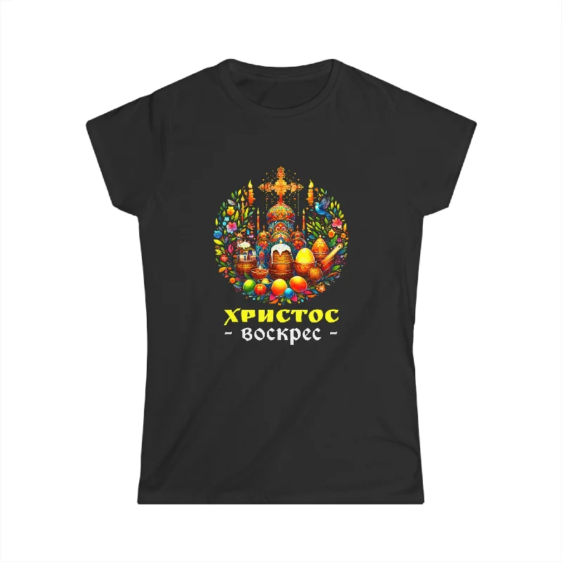 Russian Orthodox Church Cross Chrestos Voskres Pascha Easter Shirts for Women Seamless Knitted Crochet