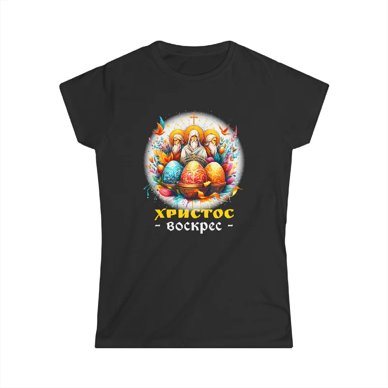 Russian Orthodox Church Cross Chrestos Voskres Pascha Easter Womens Shirts Graphic Embroidered Appliqued