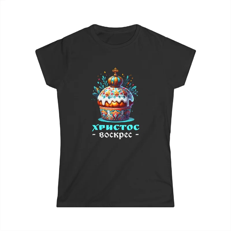 Russian Orthodox Church Cross Chrestos Voskres Pascha Easter Womens T Shirts Lace Blend Ribbed Blend Corduroy Blend