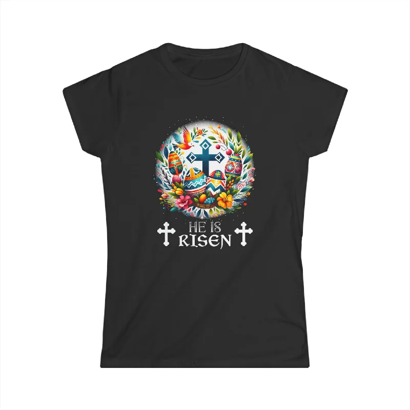 Christ is Risen Russian Greek Eastern Orthodox Pascha Easter Womens Shirts Graphic T-Shirt Round Neck Polyester
