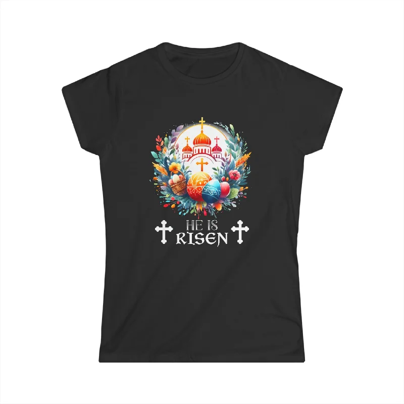 Christ is Risen Russian Greek Eastern Orthodox Pascha Easter Womens Shirts Notch Collar Peter Pan Collar Cowl Neck