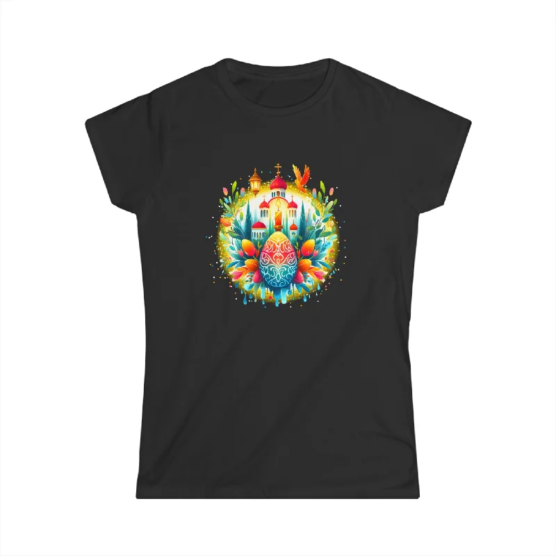 Russian Greek Byzantine Orthodox Cross He Is Risen Easter Women Shirts Basic T-Shirt Crew Neck Short Sleeve