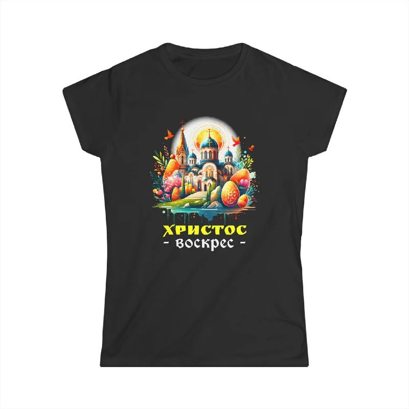 Russian Orthodox Church Cross Chrestos Voskres Pascha Easter Womens Shirt Notch Collar Peter Pan Collar Cowl Neck