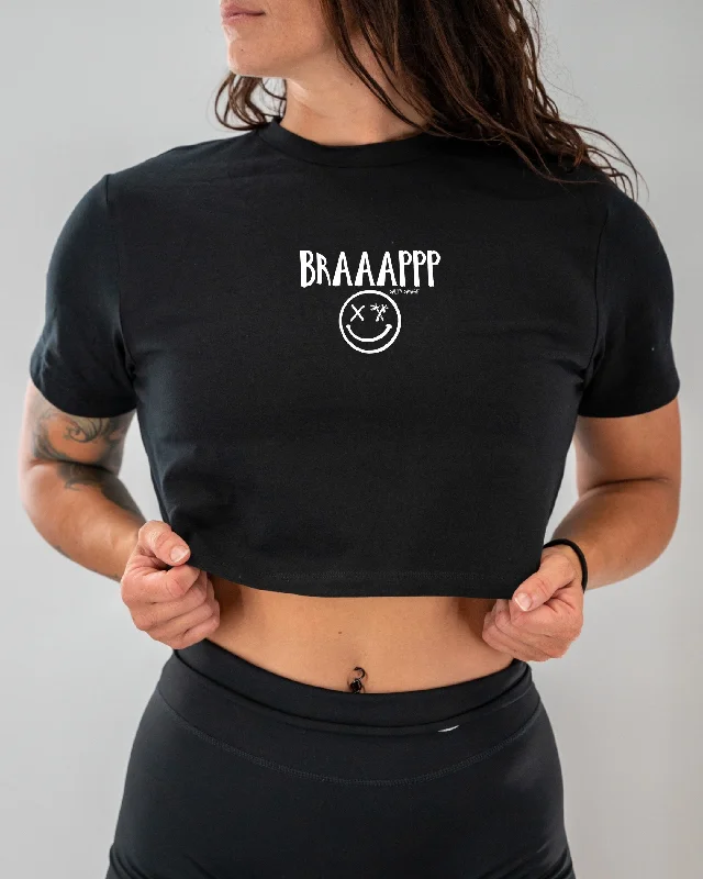 Salty Savage Ladies "BRAAAPPP" Performance Crop Tee | Micro Solid Print Embellished