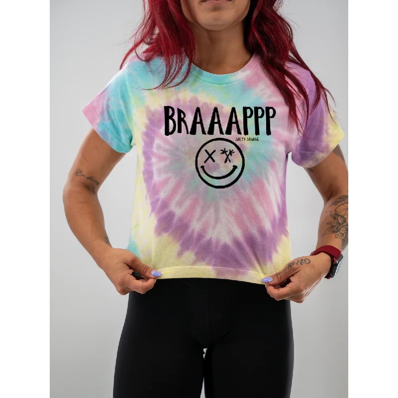 Salty Savage Ladies "BRAAAPPP" Spiral Tie Dye Crop Tee Cotton Fabric Linen Fabric Terry Fabric