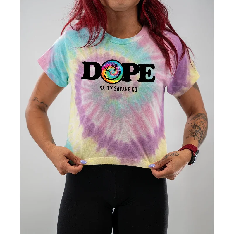 Salty Savage Ladies "DOPE" Spiral Tie Dye Crop Tee Chenille Blend Fleece Blend Nylon Blend