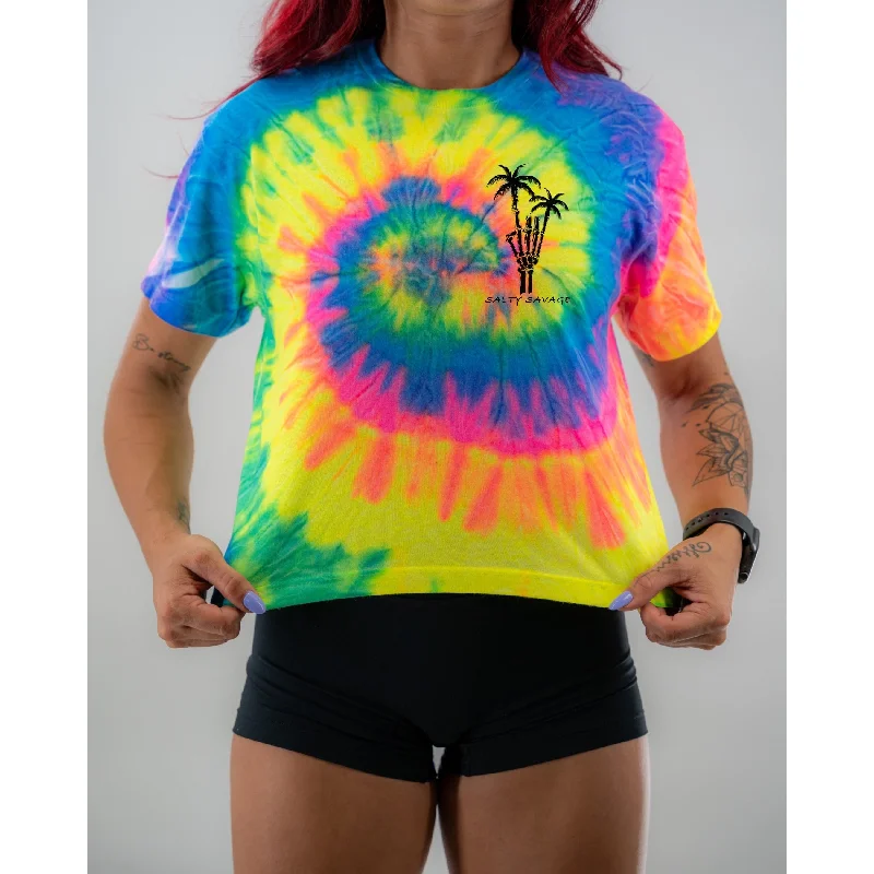 Salty Savage Ladies “Rock On” Spiral Tie Dye Crop Tee | Basic Denim Fabric Leather Fabric Suede Fabric
