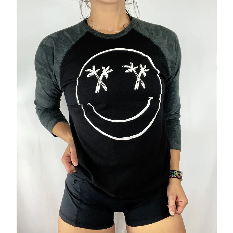 Salty Savage Unisex “Palm Smile”3/4 Sleeve Baseball Tee Mesh Canvas Denim