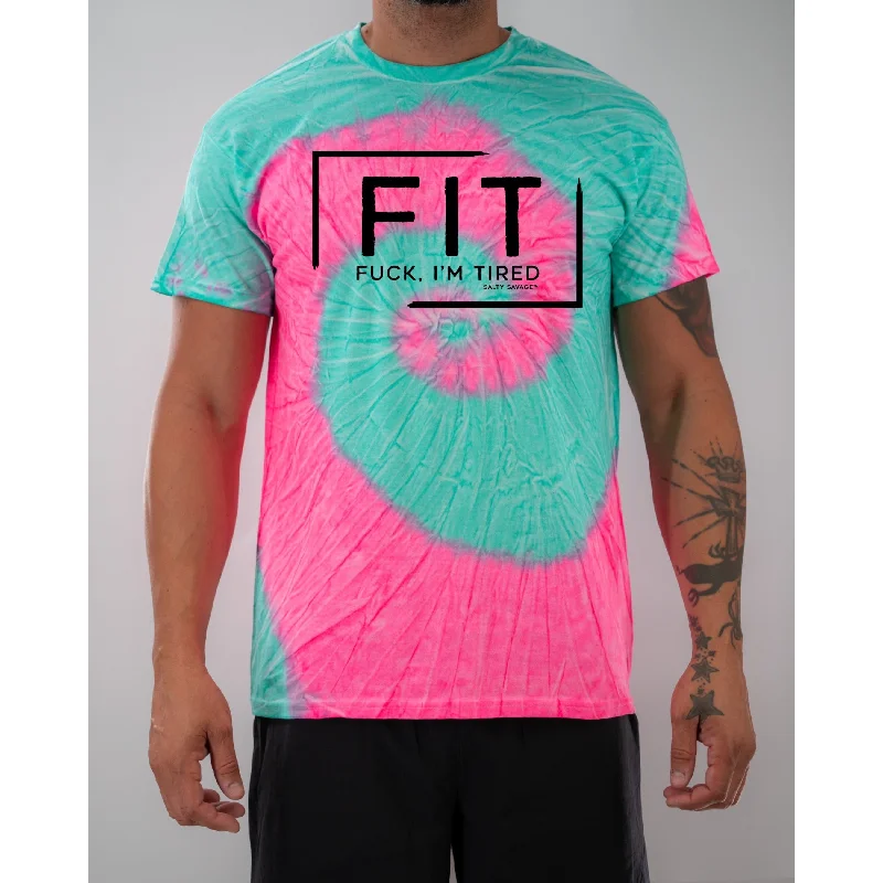 Salty Savage Unisex "FIT Fuck, I’m Tired" Spiral Tie Dye Tee Anti-Shrink Durable Soft
