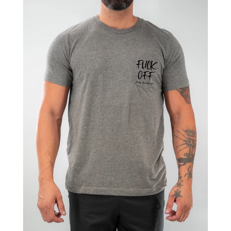 Salty Savage Unisex “Fuck Off” Pocket Tee | Deep Heather Gray Plaid T-Shirt Polka Dot Checkered