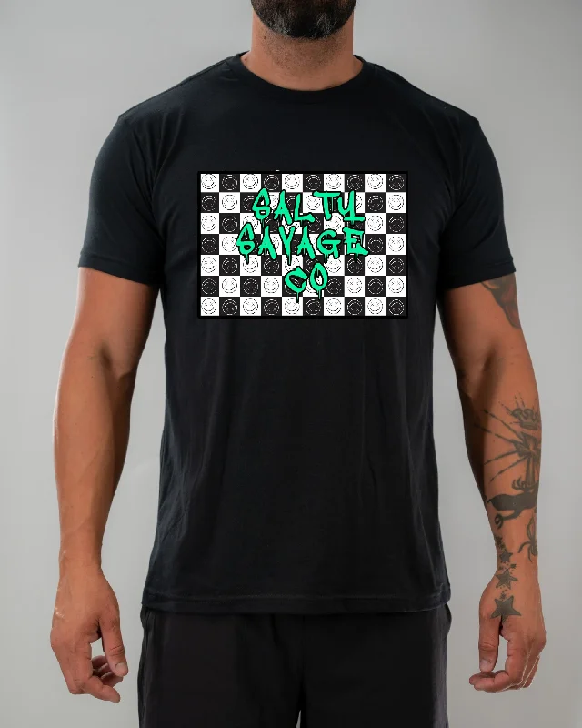 Salty Savage Unisex “Graffiti Checkered Print” Tee | Black/Teal Machine Wash Dry Clean Hand Wash