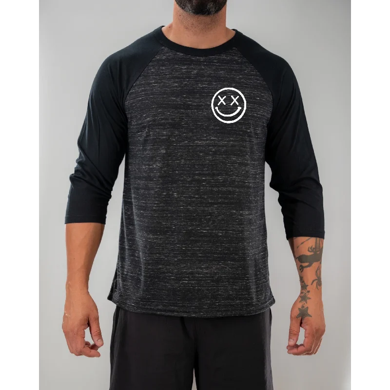 Salty Savage Unisex “OG Smile” 3/4 Sleeve Baseball Tee | Black Marble Welt Pockets Slit Pockets