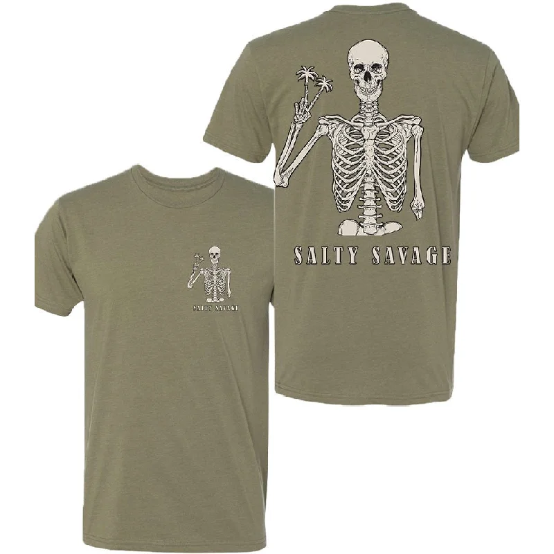 Salty Savage Unisex Peace Sign Skeleton Tee | Business in the Front, Party in the Back | Olive Boxy Fit Fitted Loose