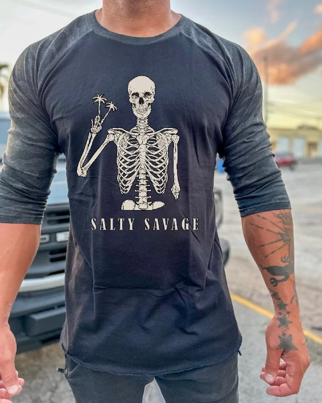 Salty Savage Unisex “Peace Skeleton” 3/4 Sleeve Baseball Tee Hooded Caped Shawl Collar