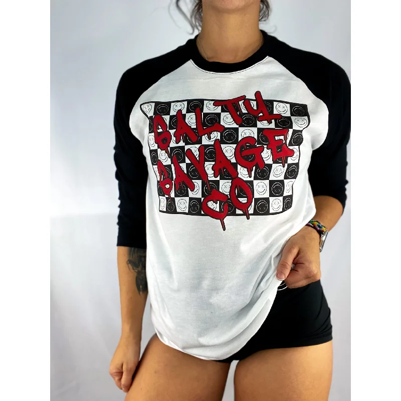 Salty Savage Unisex “Graffiti Checkered Print” 3/4 Sleeve Baseball Tee Polka Dot Checkered Tartan