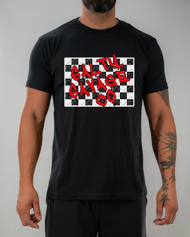 Salty Savage Unisex “Graffiti Checkered Print” Tee | Black Jersey Fabric Tulle Fabric Batik Fabric