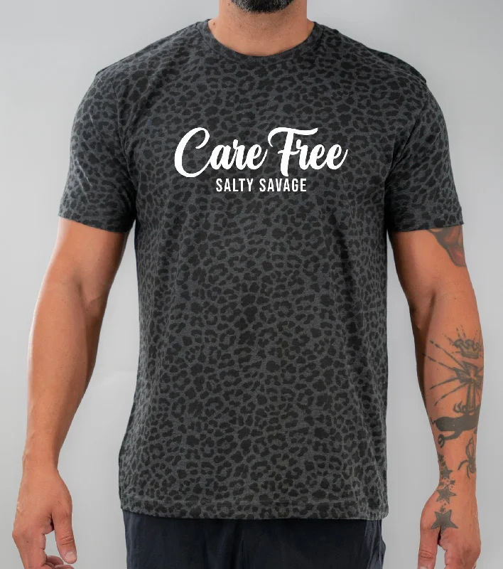 Unisex "Care Free" Tee | Black Leopard Spandex Blend Rayon Blend Denim Blend