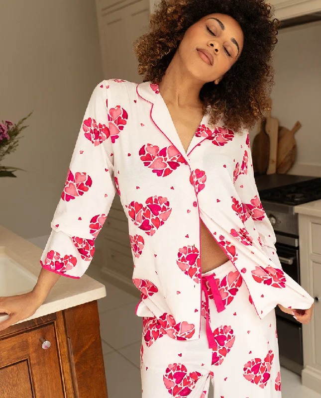 Aria Womens Heart Printed Jersey Wide Leg Pyjama Set Off Shoulder Jersey Top