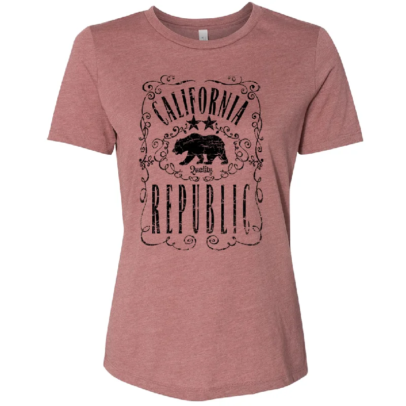 California Republic JD Whiskey Black Print Women's Relaxed Jersey Tee Ruby Red Jersey Shirt