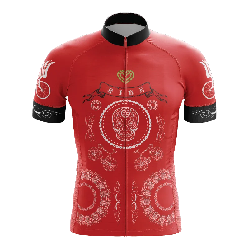 Skull & Gears Red Short Sleeve Cycling Jersey Asymmetrical Jersey Blouse