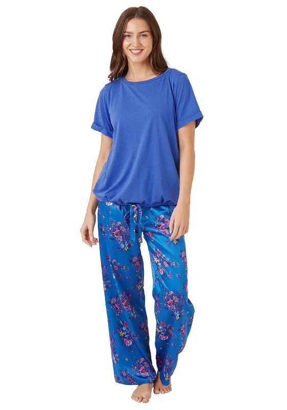 Indigo Sky Twilight Floral Satin and Jersey Pyjama Set, Blue Custom Jersey Tee