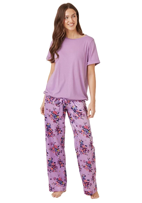 Indigo Sky Twilight Floral Satin and Jersey Pyjama Set, Lilac Ash Gray Jersey Tee